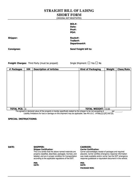 straight bill  lading short form fill  sign printable template