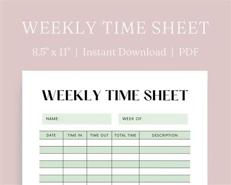 weekly time sheet minimalist time sheet printable instant