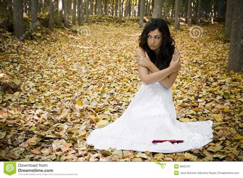 scared woman in woods stock image image 6845701