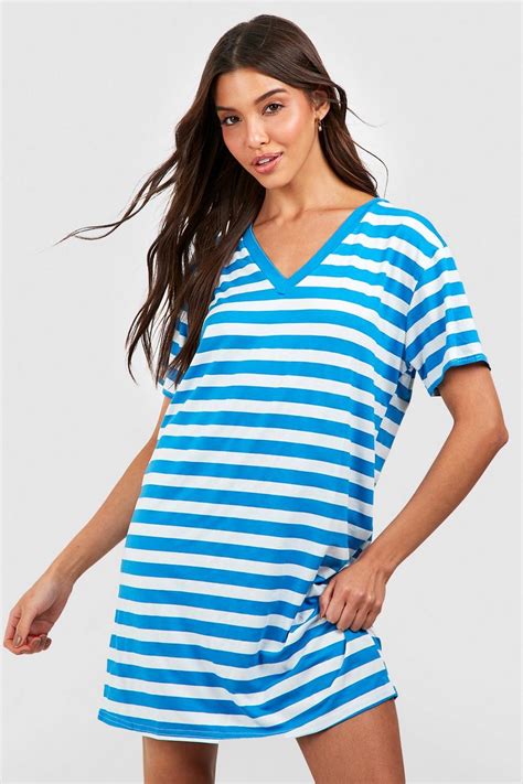 Womens Oversized V Neck Striped T Shirt Beach Dress Boohoo Uk