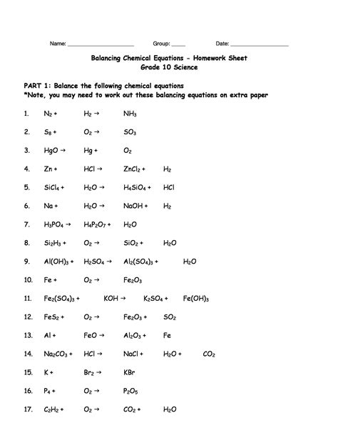 balancing chemical equations worksheets  answers