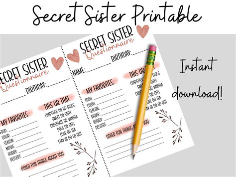 Secret Sister Questionnaire Printable Etsy Norway
