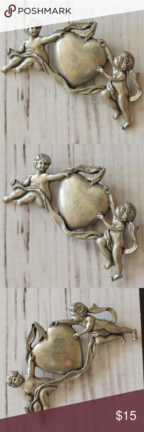 sold vintage pewter angel heart brooch pin seagull heart