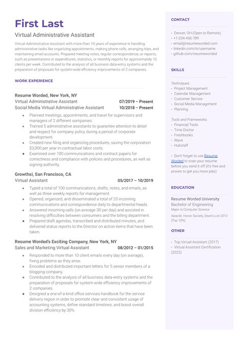 virtual assistant resume examples   resume worded