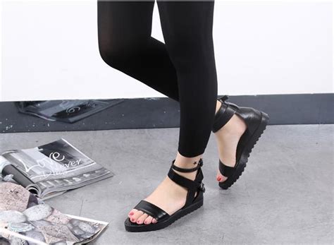 Black Strappy Ankle Strap Flat Platform Sandals Women Sexy Black Summer