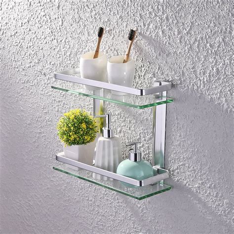 home garden bathroom shelves shelf durable aluminum   tiers tempered glass shower wall