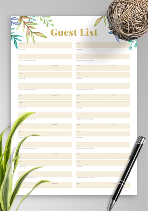 printable wedding guest list  botanical pattern