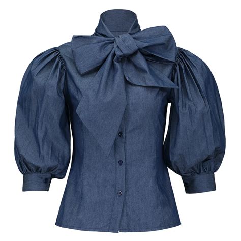 buy vintage denim blouse shirts blue bowknot lantern sleeve retro  size