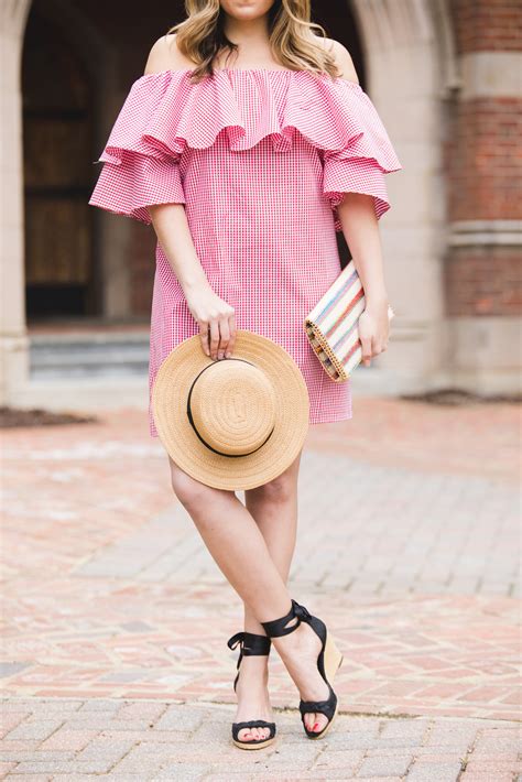 Off Shoulder Gingham Dress Outfit Cute Spring Outfit Idea By Lauren M