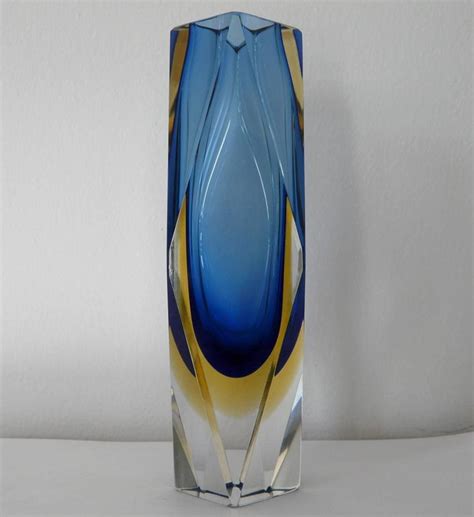 Italian Murano Glass Sommerso Faceted Vase By Mandruzzato