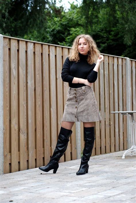 leather skirt   fashionchick boots knee boots outfit leather skirt
