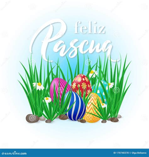 vector card happy easter  spanish language  green grass spring