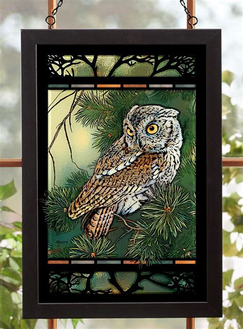 Large Screech Owl And Pine Stained Glass Art Panel Darby