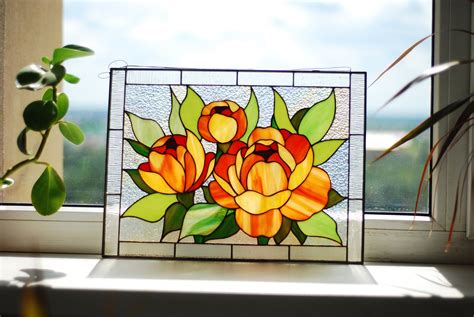 stained glass panel peony stained glass window hanging orange etsy