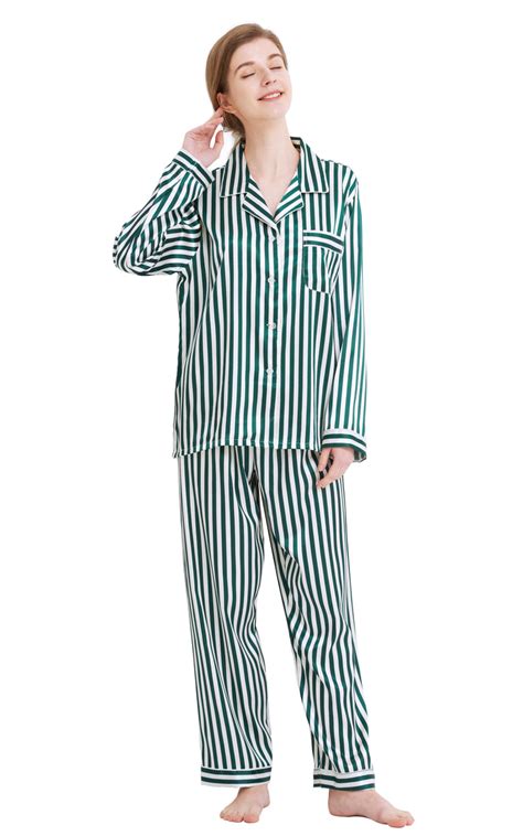 womens silk satin pajama set long sleeve green  white striped tony candice
