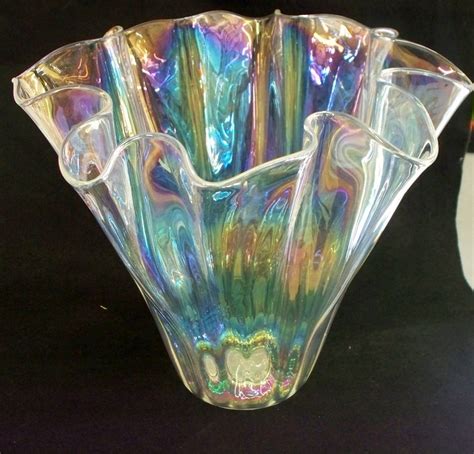 Hand Blown Glass Art Vase Bowl Clear Glass Irridescent 3436