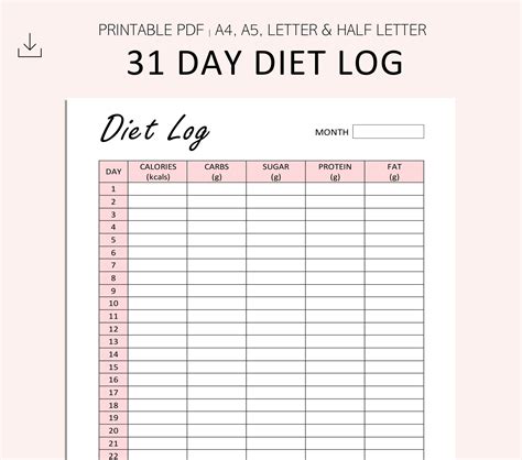 day diet log month diet tracker printable daily food etsy