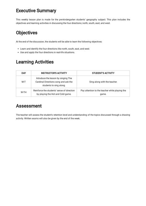 pre  weekly lesson plan template   google docs word templatenet