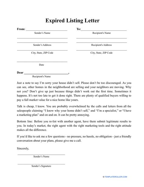 expired listing letter template  printable  templateroller