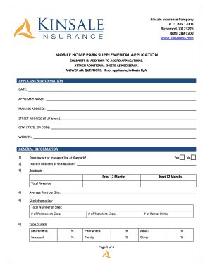 fillable  mobile home park supplemental application kinsale insurance fax email print