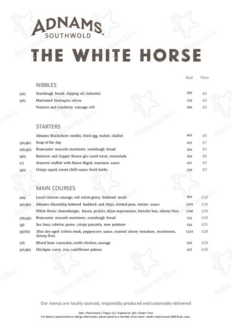 menu   white horse blakeney pub bar blakeney