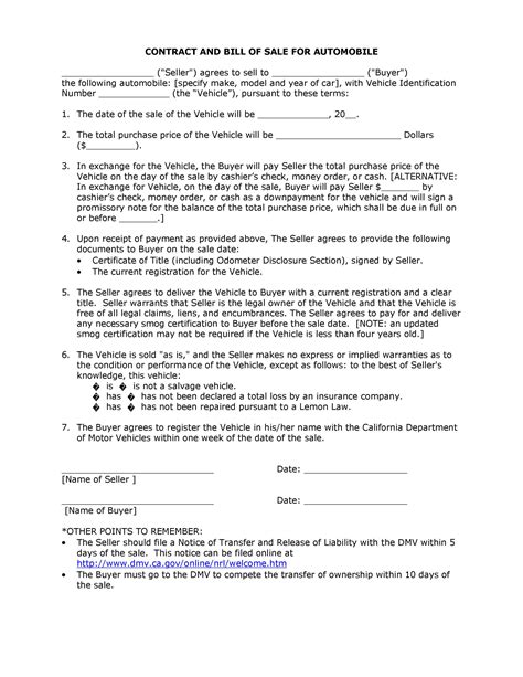 printable vehicle purchase agreement templates templatelab