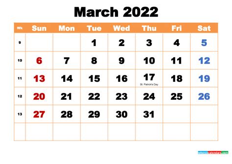 march  calendar  holidays printable