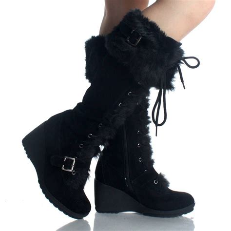 black suede fur winter lace  wedge high heel womens mid calf boots shoes pinterest mid