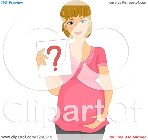 clipart of a happy pregnant blond white woman holding a question mark
