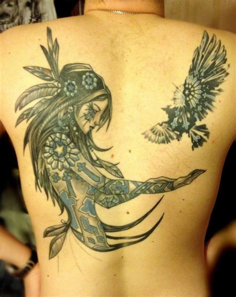 indian girl and a bird tattoo on back tattooimages
