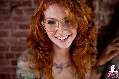 Suicide Girls Glasses Redhead Smiling Tattoo Freckles