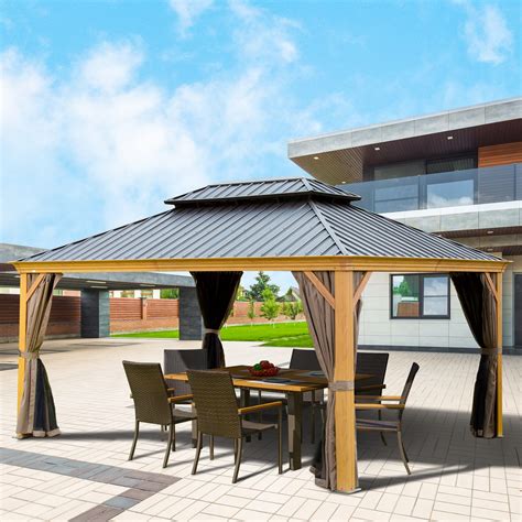 hardtop gazebo outdoor aluminum wood grain gazebos  galvanized steel double canopy