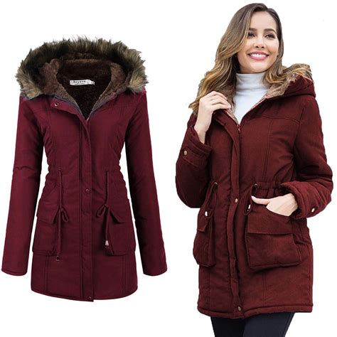 womens hooded warm winter coats  faux fur lined outwear jacket winter coat warmest