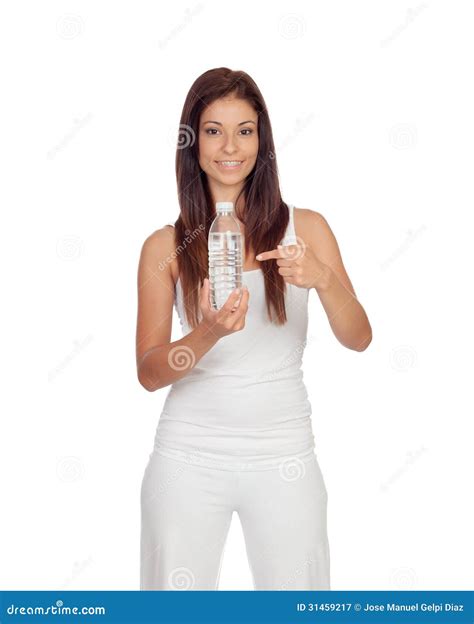 Attractive Brunette Girl Dressed In White Water Bottle Stock Image