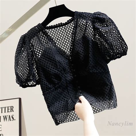 fashion crocheted hollow out v neck pullover short sleeved lace shirt