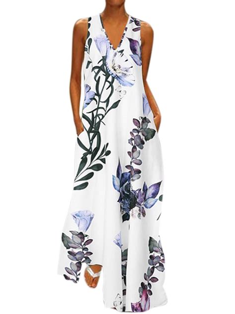 Wodstyle Women S V Neck Floral Sleeveless Maxi Dresses Plus Size