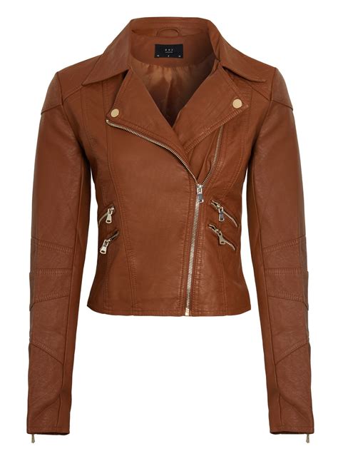womens faux leather biker jacket ladies brown tan coat size