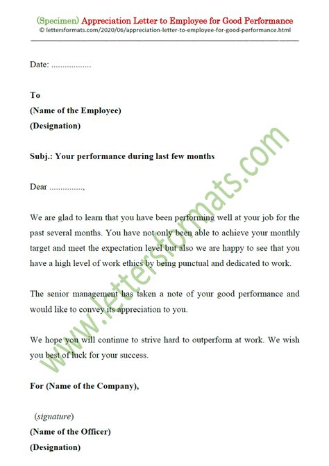 appreciation letter  employee  good performance sample