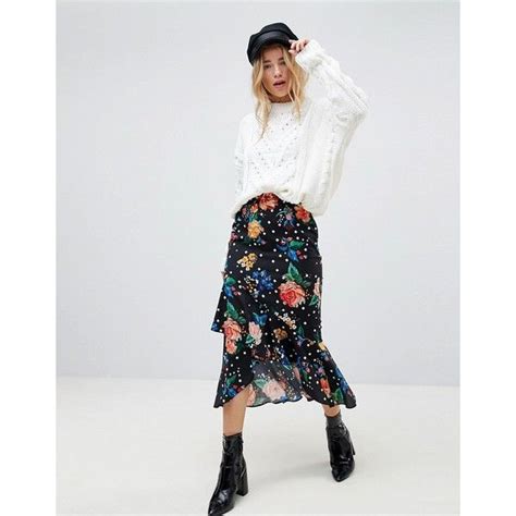 asos midi skirt  ruffle detail  floral spot print featuring polyvore womens fashion