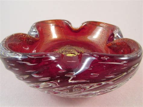 Vintage Murano Art Glass Bowl Or Ashtray Red With Gold Flecks Etsy