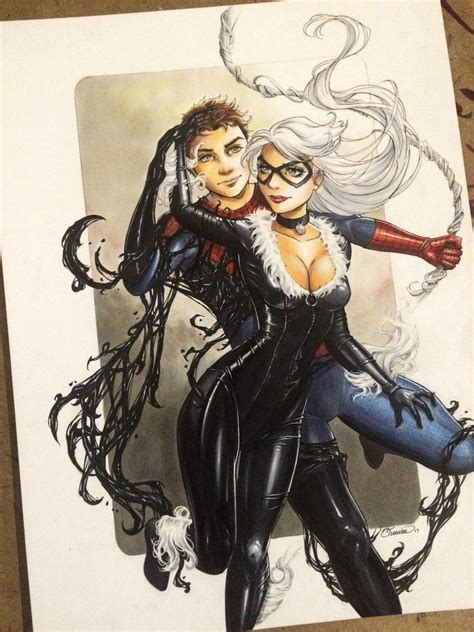 a recently completed commission piece a likeness of a couple as black cat and spider man had