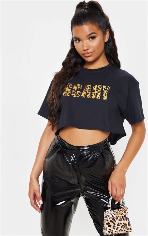 black scary slogan crop  shirt tops prettylittlething usa