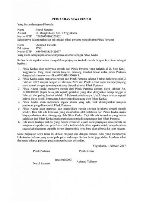 Surat Perjanjian Sewa Rumah Ringkas Contoh Surat Perjanjian Sewa 186240