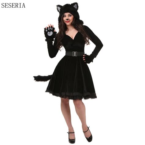 seseria sexy black plush models cat girl halloween costume women dress