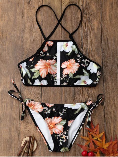 floral print backless crop top bikini set colormix m crop top bikini
