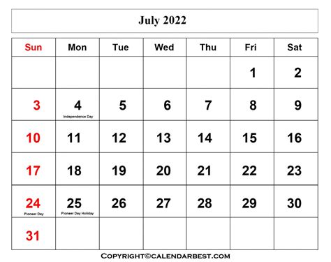 printable july calendar   holidays