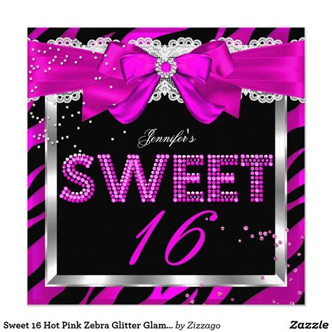 sweet 16 hot pink zebra glitter glam birthday invitation