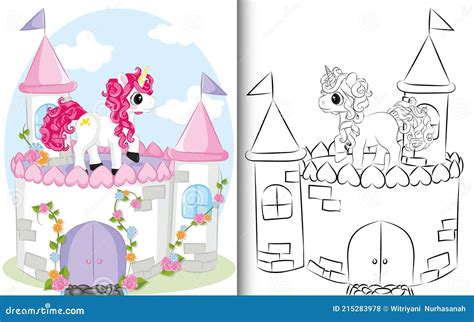 coloring book unicorn   castle stock vector illustration