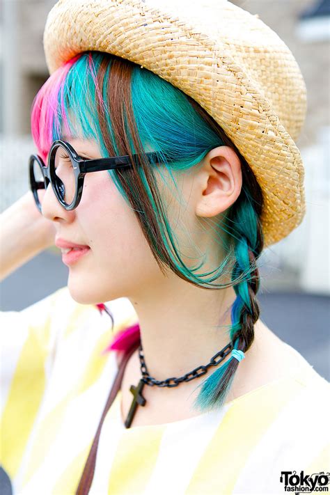 pink blue twin braids w round glasses and straw hat in harajuku