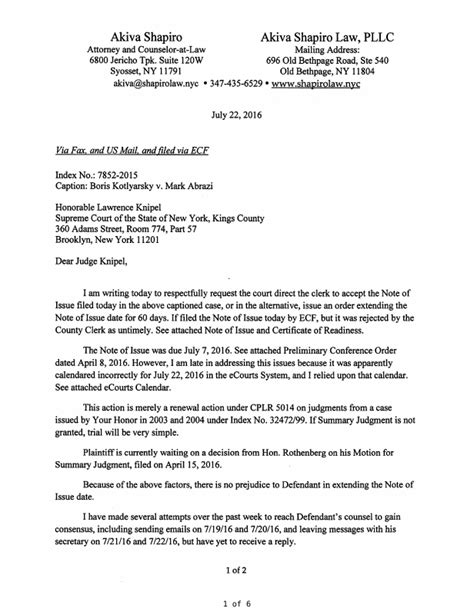 letter correspondence  judge letter  judge knipel reqeusting